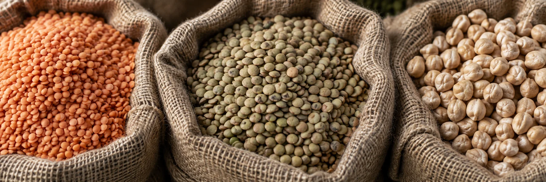 Illustration of red lentils, green lentils and chickpeas in open jute sacks