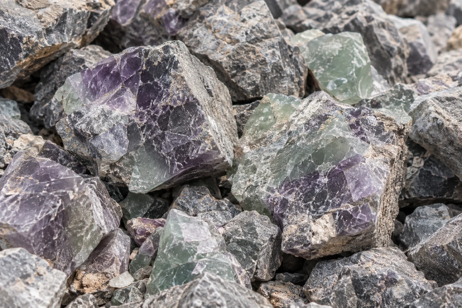 Illustration of naturally broken purple and green fluorite ore in rough host rock