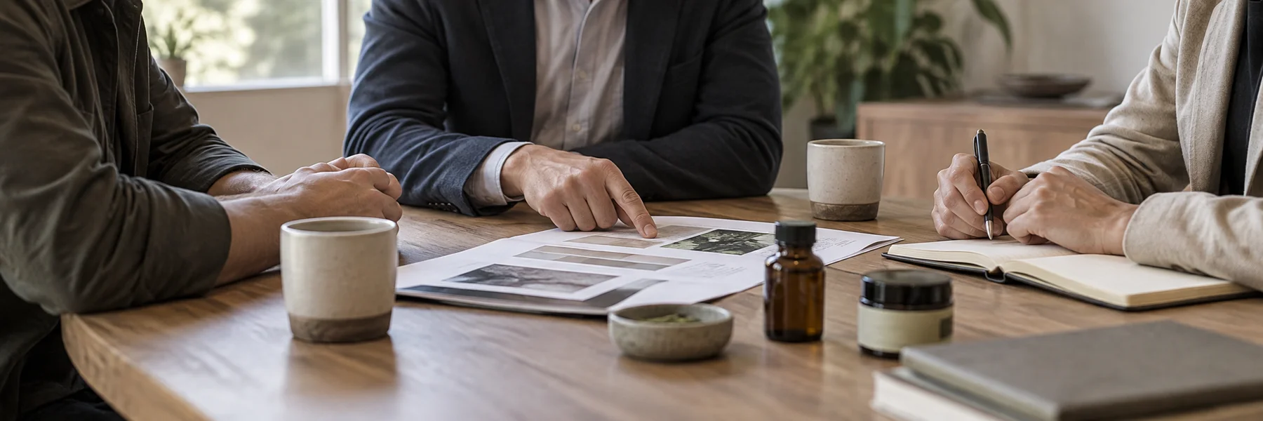 Illustration of people discussing products and project documents around a table